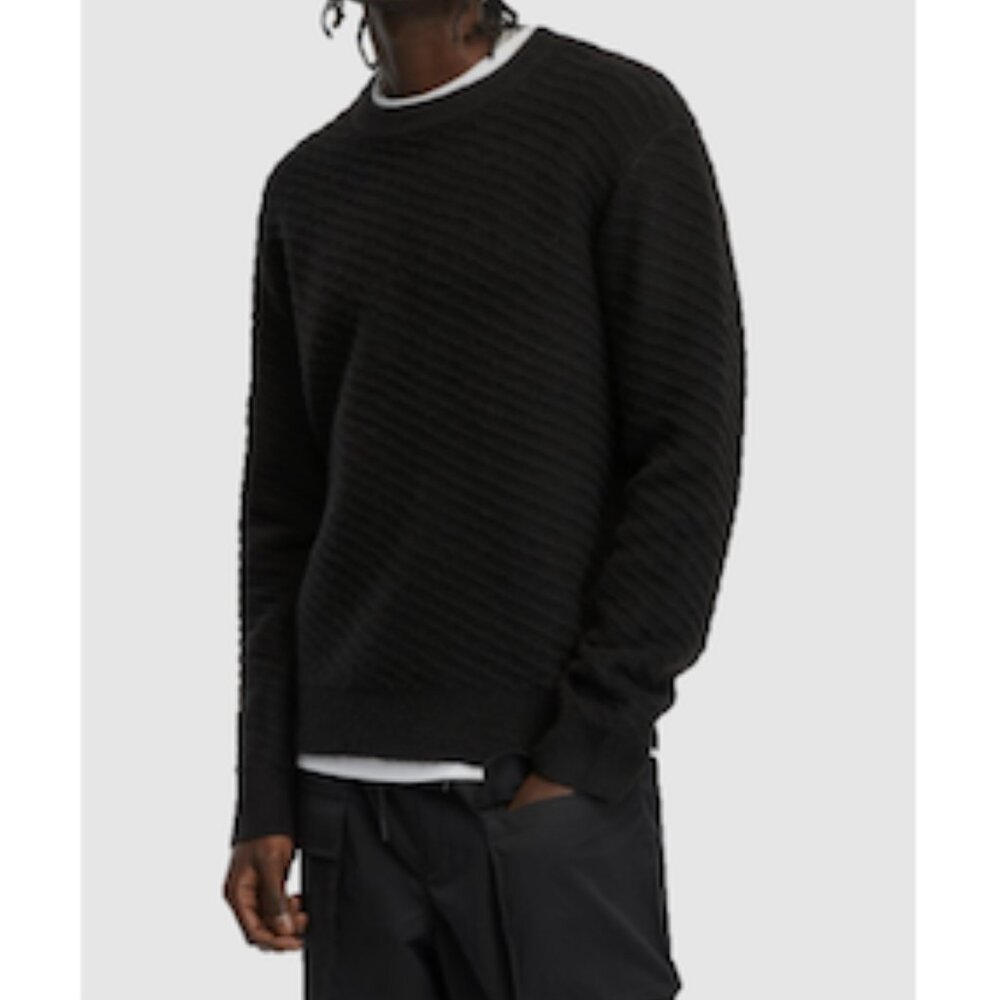 Mode of One Men Relaxed Fit Diagonal Texture Sweater  Deep Black Large